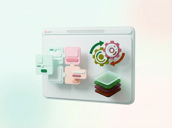 3D illustration of interface panels, gear icons with arrows, and stacked layers inside a browser window