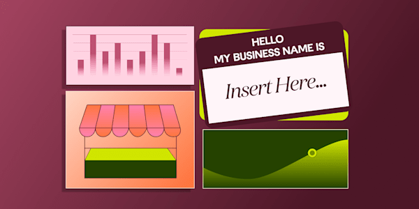 What is a DBA? DBA - an illustrated design of a business and graphs with " Hello My Business Name Is, Insert Here" on a gradient pink red color