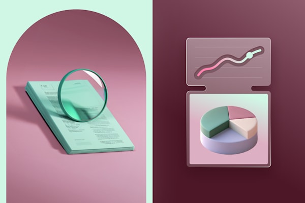 A stylized illustration of data visualization, featuring a magnifying glass over documents and 3D charts with line and pie graphs.