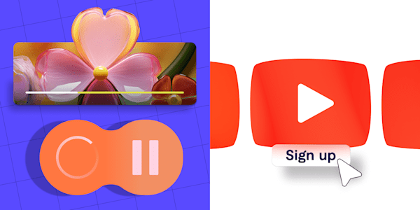 Bright illustrations of video elements, including a play button and a pause button
