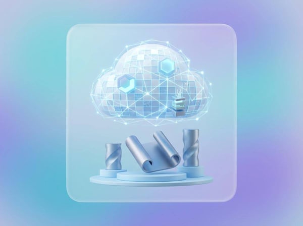 3D illustration of a digital cloud network with connected nodes and server elements above a platform
