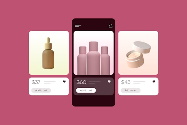 Cosmetic product listings with bottles and a cream jar on a pink background