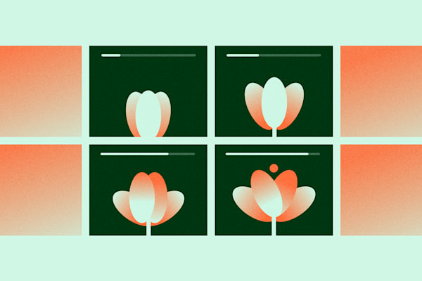 Abstract storyboard of flower illustrations showing different bloom phases on a dark green grid