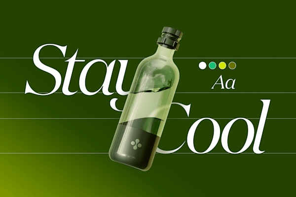 Green bottle mockup with “Stay Cool” text on dark green background, with color swatches and font samples