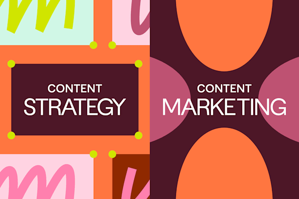 Bold graphic design with the words 'Content Strategy' on the left and 'Content Marketing' on the right.