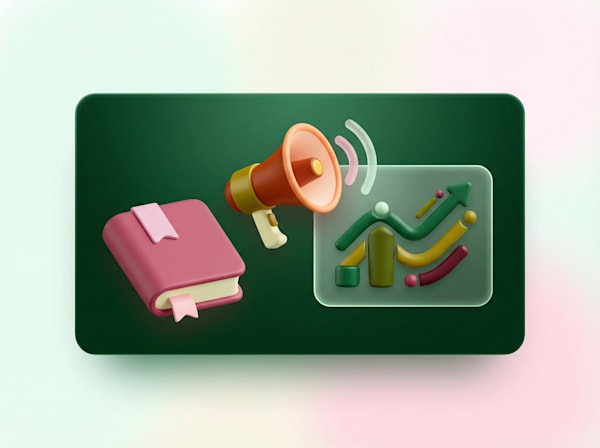 3D illustration of a book, megaphone, and analytics chart panel with upward trend lines