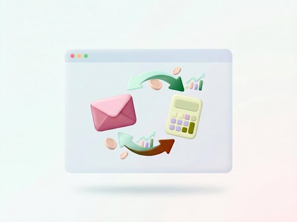 3D illustration of an email and calculator connected by circular arrows and coins