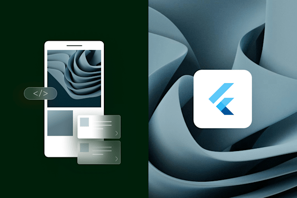 Illustration of a smartphone interface with a coding symbol and the Flutter logo on an abstract background.