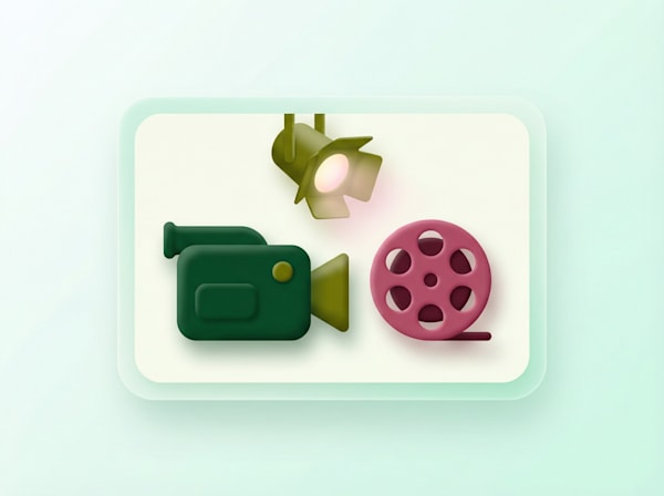 3D illustration of a video camera, studio light, and film reel