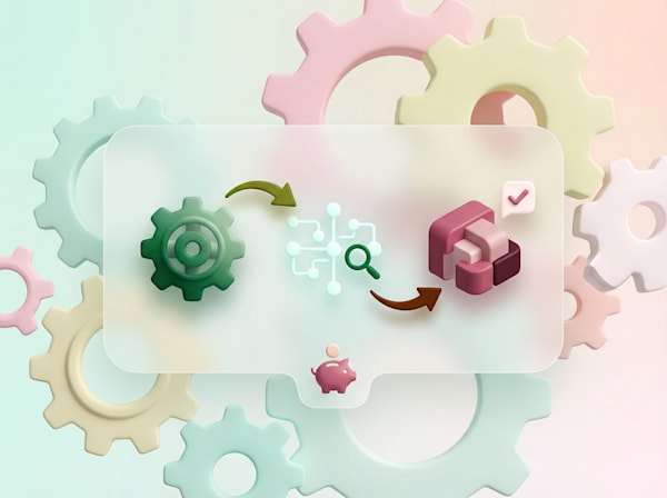 Illustration of gears, a workflow diagram, stacked blocks, and a piggy bank