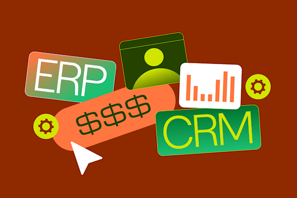 Illustration of ERP and CRM systems with dollar signs, user icon, chart, and gear symbols on a red background.