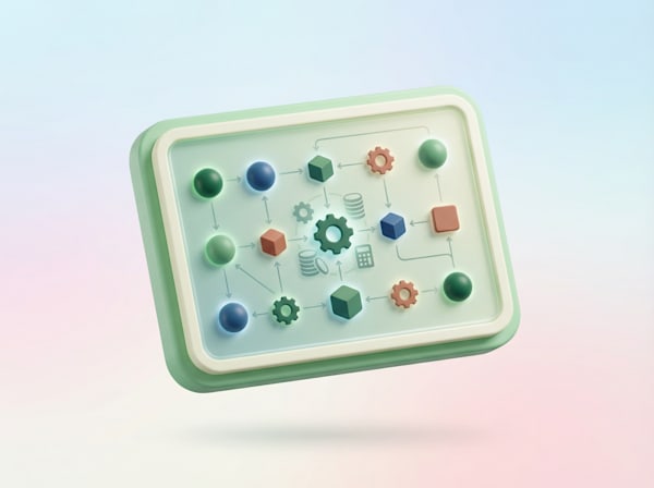 3D illustration of a workflow diagram with connected nodes, gears, database icons, and directional arrows