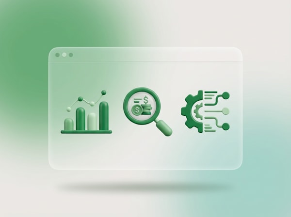 3D illustration of bar chart, magnifying glass with dollar symbol, and gear with data connections