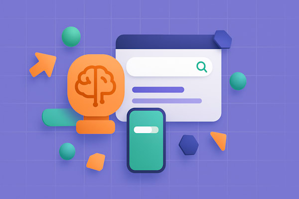 Illustration of a brain icon, search interface, and smartphone surrounded by colorful 3D shapes on a purple grid background