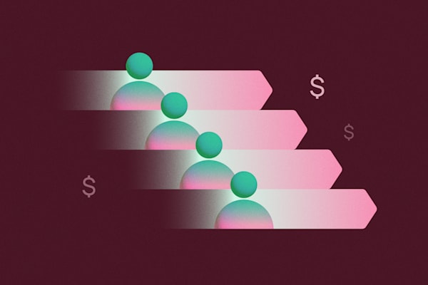 Lead generation: User icons on pink arrows with dollar signs on a dark red background