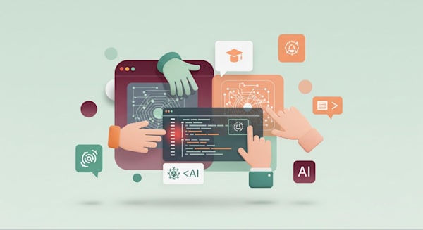 3D illustration of hands interacting with coding interfaces, circuit graphics, and AI icons on a light green background