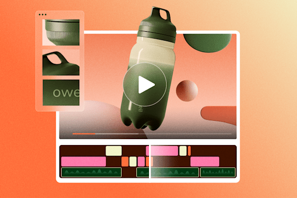 3D video editing interface featuring a green water bottle on an orange gradient background