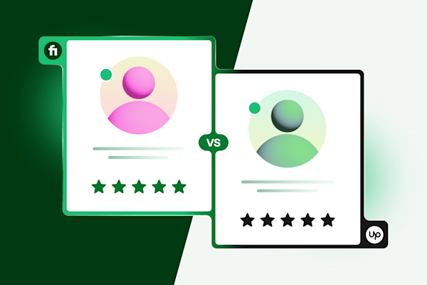 Comparison of two profile cards with Fiverr Vs Upwork and star ratings, set on a split green and white background