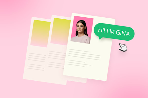 Illustration of a profile card with a woman’s photo, name tag saying “Hi! I’m Gina,” and two blurred profile cards in the background