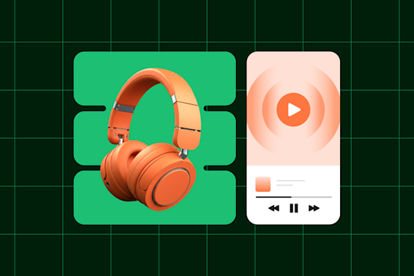 Vodcast: orange headphones next to a mobile music player interface