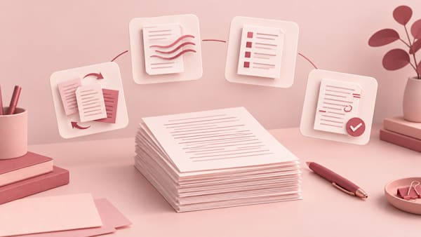 Manuscript surrounded by four editing stages: structural reorganization, line editing, copyediting style sheet, and proofreading marks