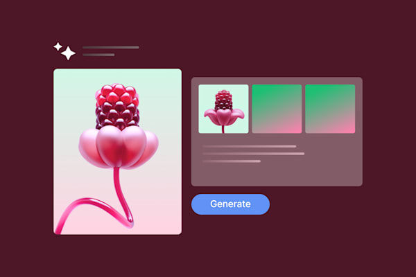 3D flower with berry-like petals shown in a digital interface with image options and a "Generate" button on a maroon background