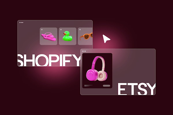 Shopify vs Etsy digital storefronts with 3D product icons on a dark gradient background