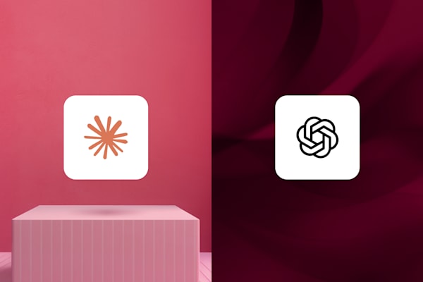 Claude and ChatGPT logos displayed side by side on pink and dark red backgrounds