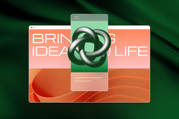 Landing page with abstract 3D design with interlocking rings over a mobile