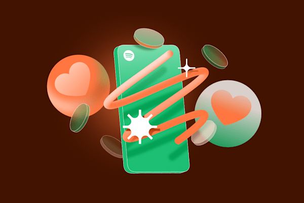 Green smartphone with abstract 3D elements, hearts, and glowing effects.