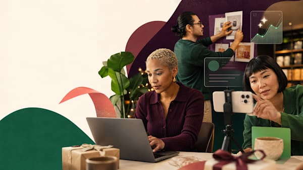 Three people collaborate on product design and content creation using a laptop, smartphone, and mood board.