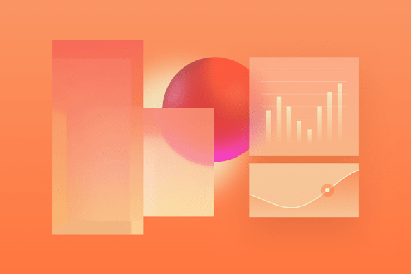 Abstract data visualization with charts, geometric shapes, and a glowing sphere in an orange gradient.