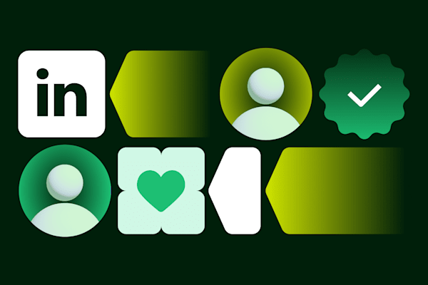 Abstract LinkedIn-themed illustration with user icons, a verification badge, and a heart symbol in green and yellow tones.