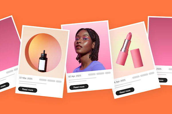 Blog post cards on orange background with product shots, a portrait, and “Read more” buttons