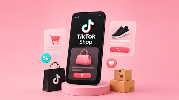3D illustration of TikTok Shop on a smartphone with shopping cards, product icons, and ecommerce elements floating around it.