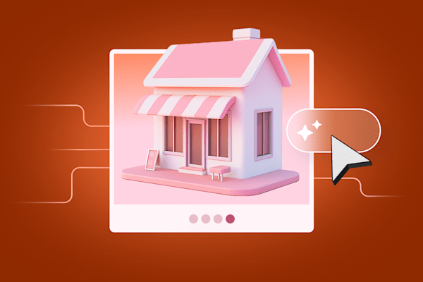 3D illustration of a small, pink storefront with striped awning, displayed on a digital card interface with a large cursor icon pointing to a sparkly button.