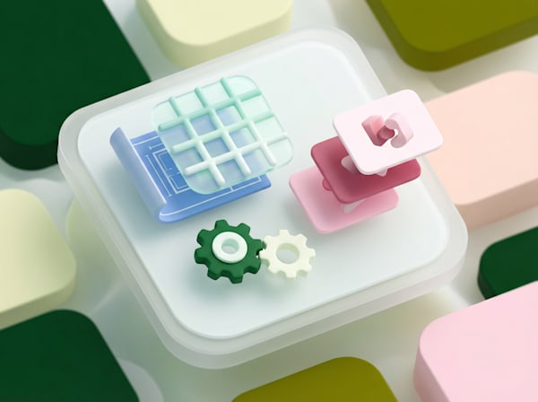 3D modular interface elements with grid layout, layered cards, and settings gear icons
