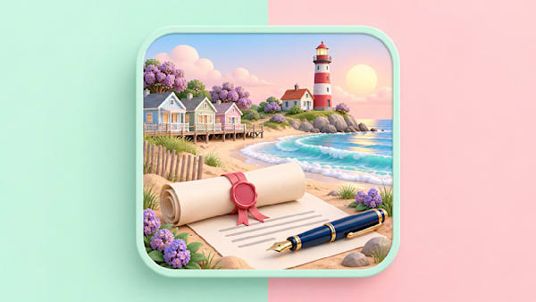 Pastel 3D illustration of a Jersey Shore beach with a lighthouse and boardwalk cottages beside sealed LLC formation documents for starting an LLC in New Jersey