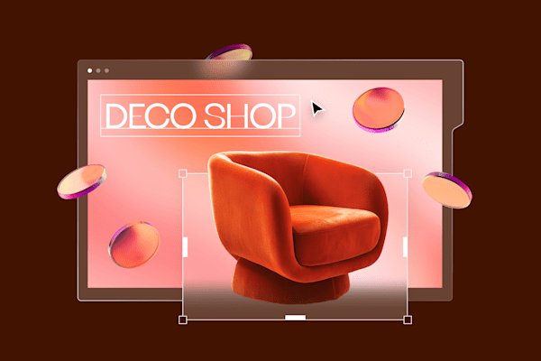 A website mockup featuring a vibrant red chair in a modern e-commerce setting with floating coins, labeled "Deco Shop."