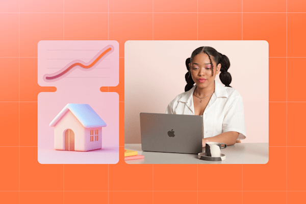 side hustle young woman sitting at a desk using a laptop, next to an icon of a house and a rising graph symbolizing growth and success.