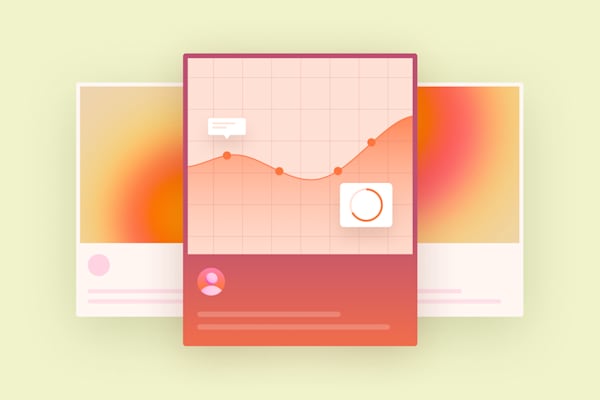Data visualization card with a rising graph, icons, and gradient background.