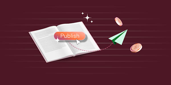 An open book with a 'Publish' button overlay, a paper airplane, and floating coins on a maroon background