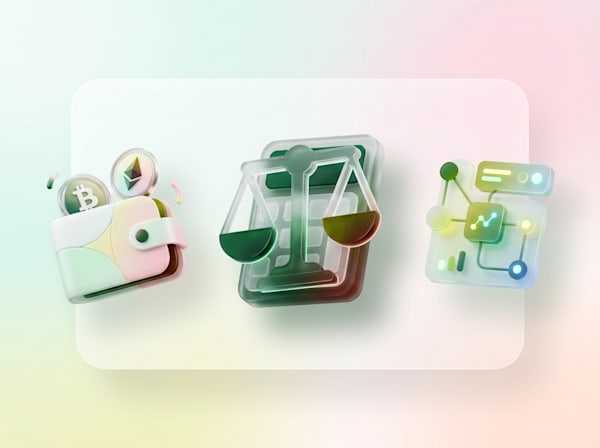 3D illustration of a crypto wallet, a balance scale over a calculator, and a connected analytics interface