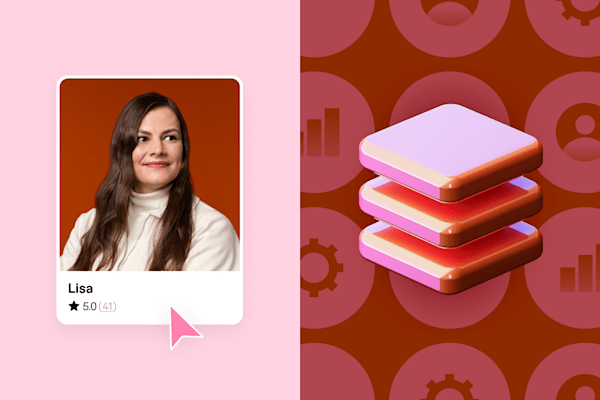 Profile card of a woman named Lisa with a 5-star rating next to a 3D stack icon on a tech-themed background.