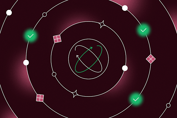 Abstract orbit-style graphic with white paths, green check marks, and geometric icons on a dark maroon background.