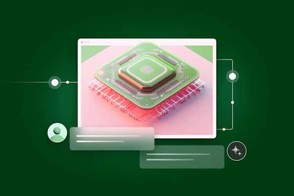3D-rendered green microchip inside a browser window with digital network elements.