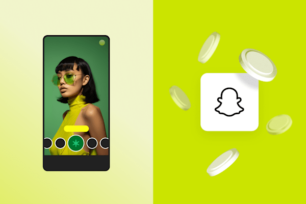 stylized illustration of a Snapchat interface featuring a woman in green sunglasses and yellow outfit, alongside floating coins on a bright background
