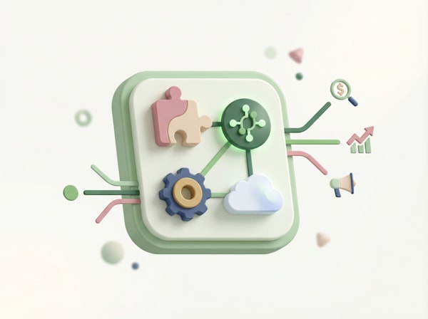 3D illustration of interconnected elements including a puzzle piece, network node, gear, and cloud, with growth and marketing icons