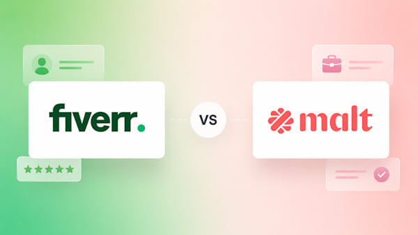 Fiverr vs Malt on a smooth green and red background.