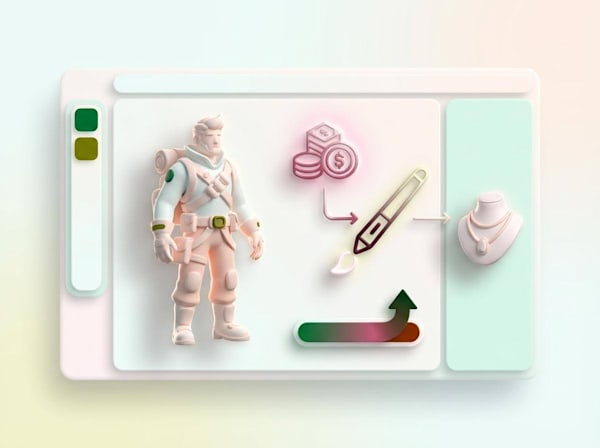 3D workflow interface showing a character model, cost icons, production steps, and growth indicator